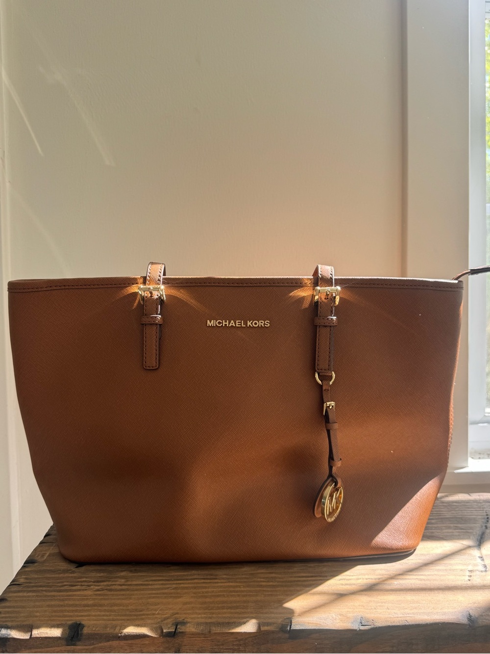 Michael Kors Brown Saffiano Leather Tote with Gold Hardware